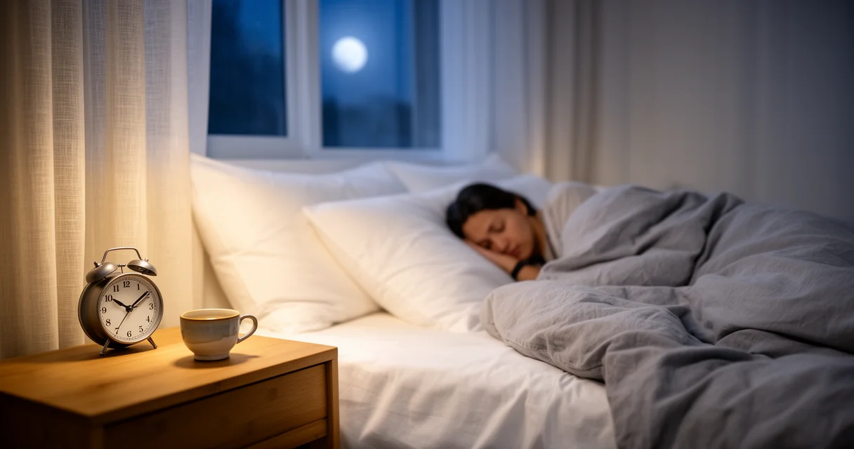 Person schläft seitlich in gemütlichem Schlafzimmer mit weißem Bett, Nachttisch mit Wecker und Tasse, warmes Lampenlicht