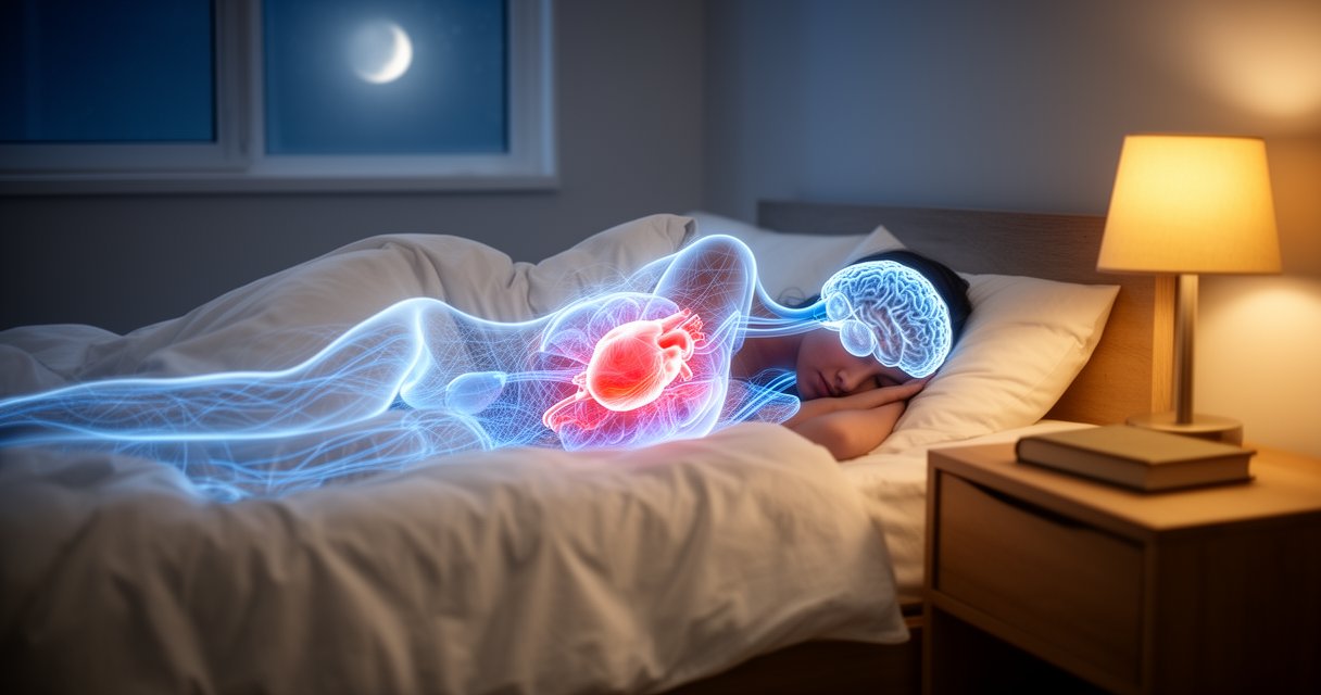 Person schläft seitlich im Bett mit weißen Kissen und Decke, Nachttisch mit Lampe und Tasse Tee, sanftes Mondlicht durchs Fenster